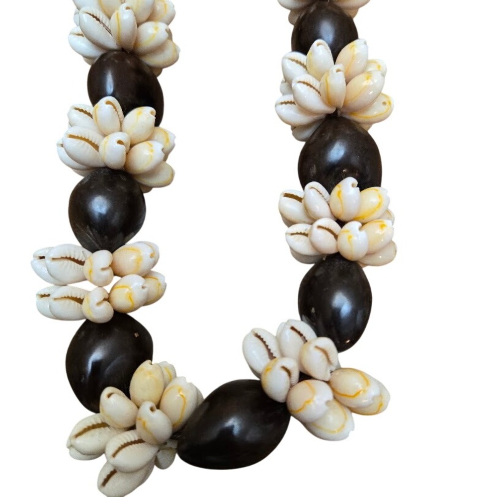 Hawaiian Kukui Nut‎ & Cowrie Shell Lei Necklace on Brown Ribbon Aprox 15"